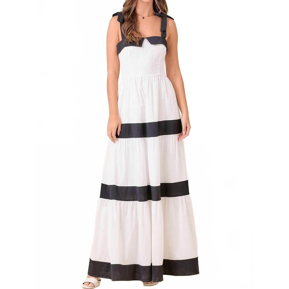 NEW MAIN STRIP summer maxi shoulder strap color block dress in white/black - Picture 1 of 4
